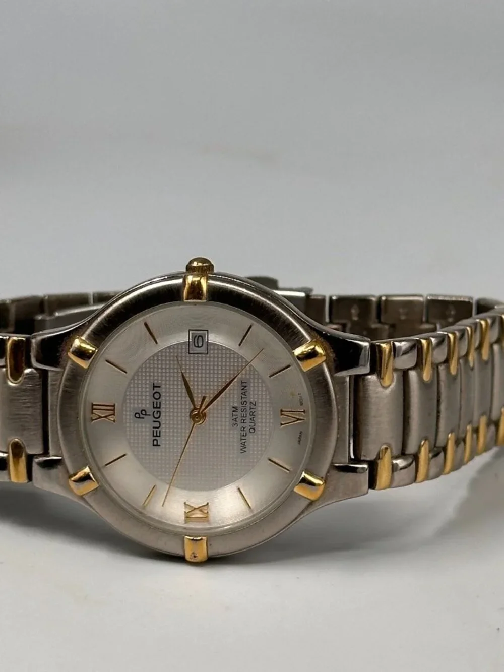 Peugeot Watch Mens Silver Gold Two Tone Date Window 32MM New Battery 8